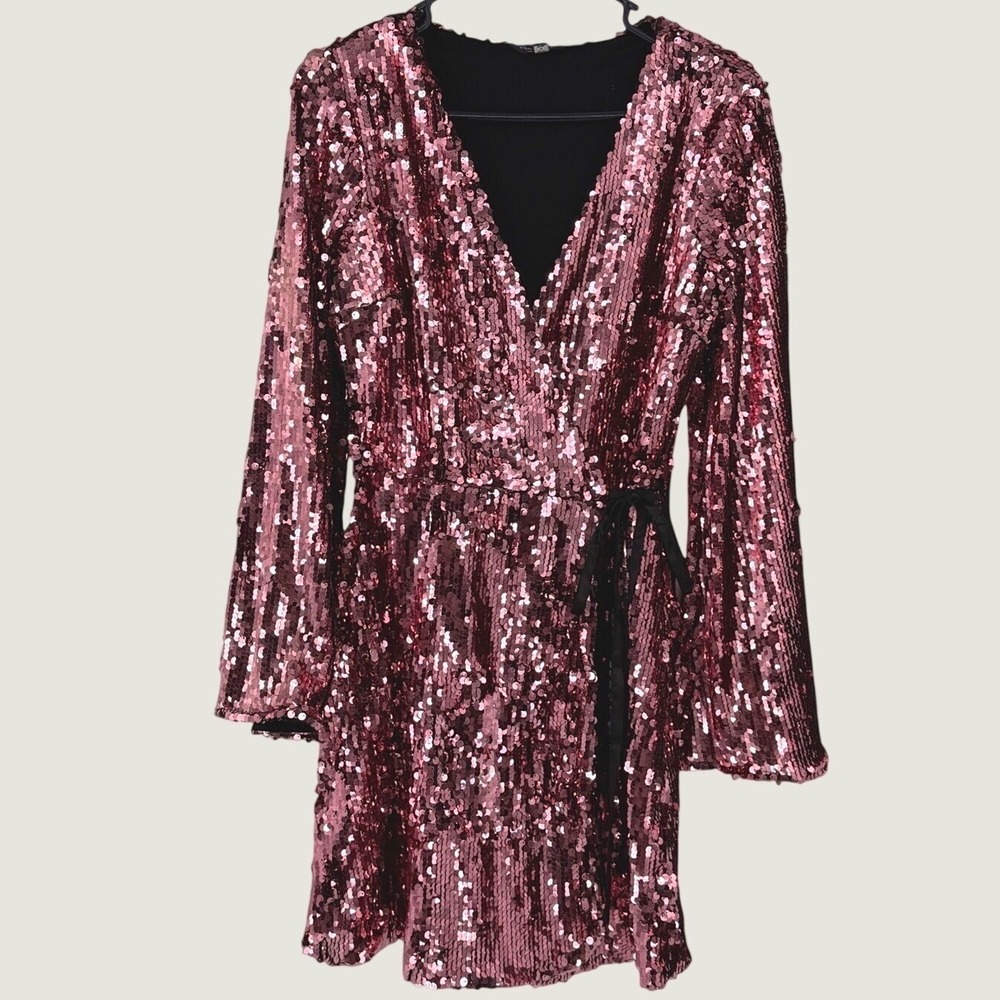 Miss Selfridge Pink Sequin Wrap Mini Dress Bell Sleeve US 4 Party Holiday Glam